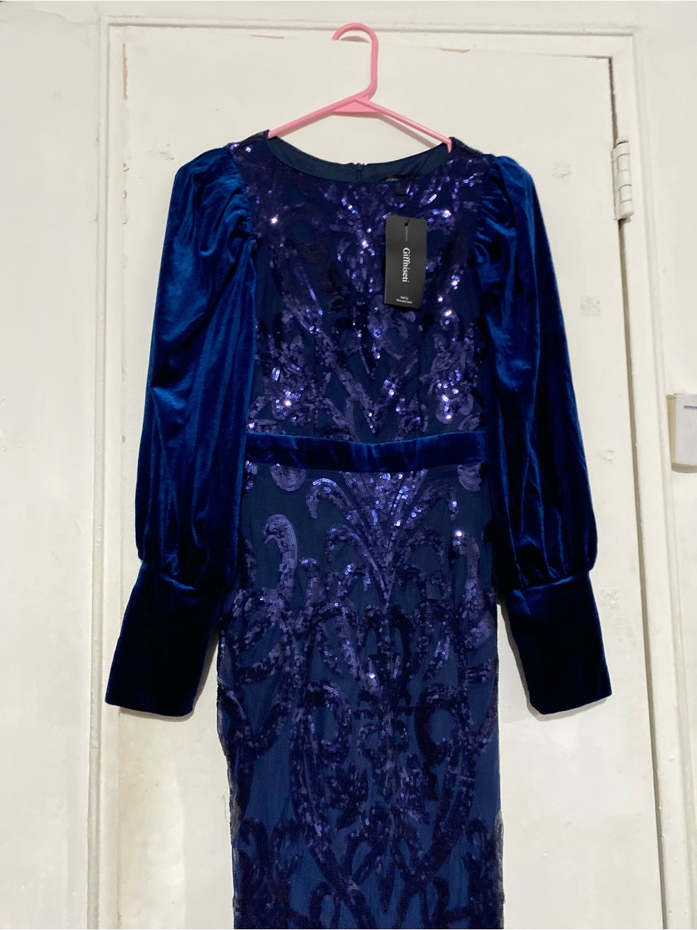 Giffniseti Navy Sequin Velvet Long Sleeve Evening Dress